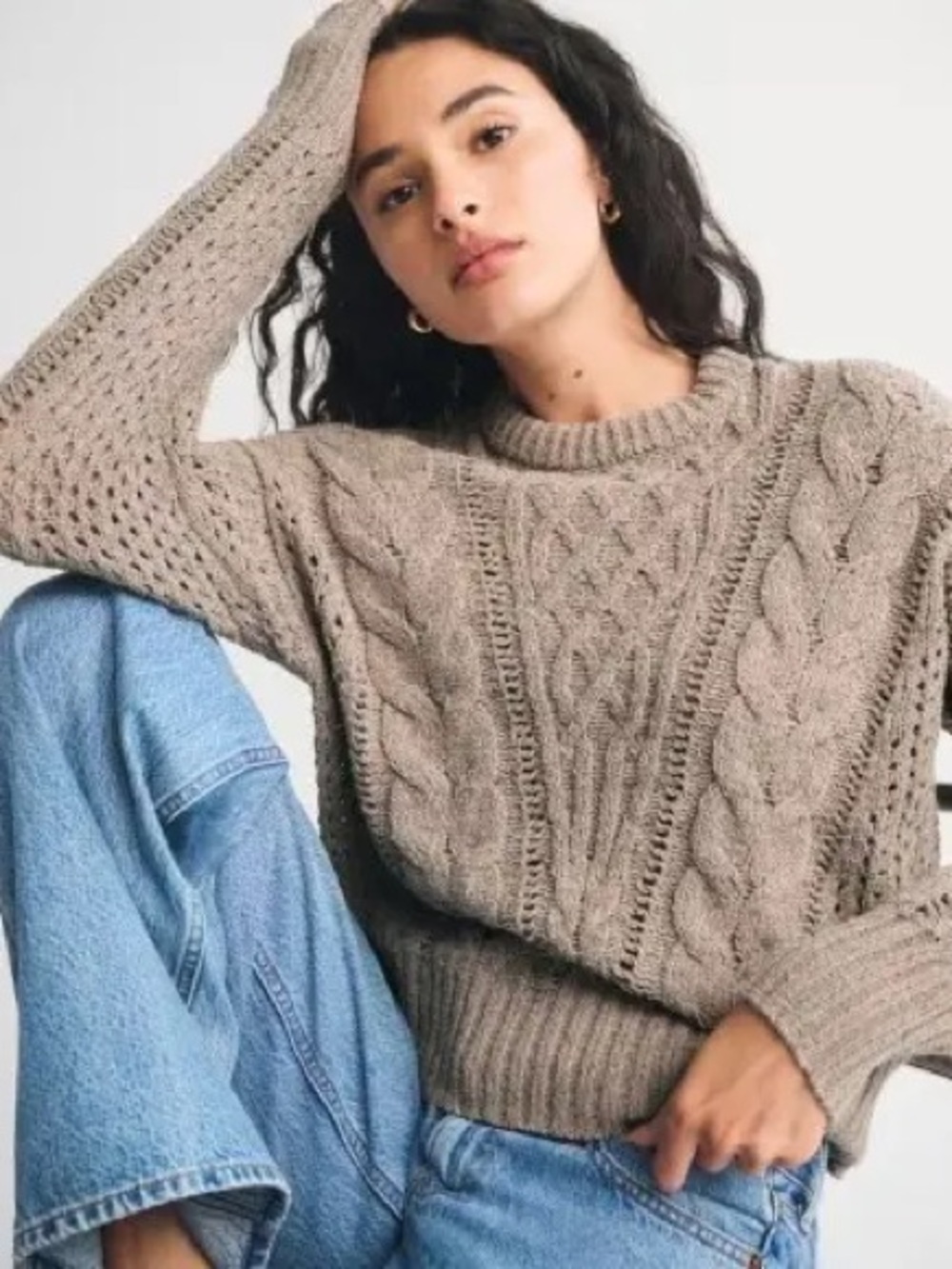 Abercrombie & Fitch Taupe Cable-Knit Crewneck Sweater